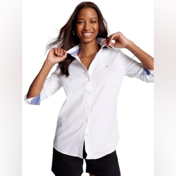 Tommy Hilfiger White Polo Collar Button Down Shirt roll tan detail Large - Picture 1 of 4